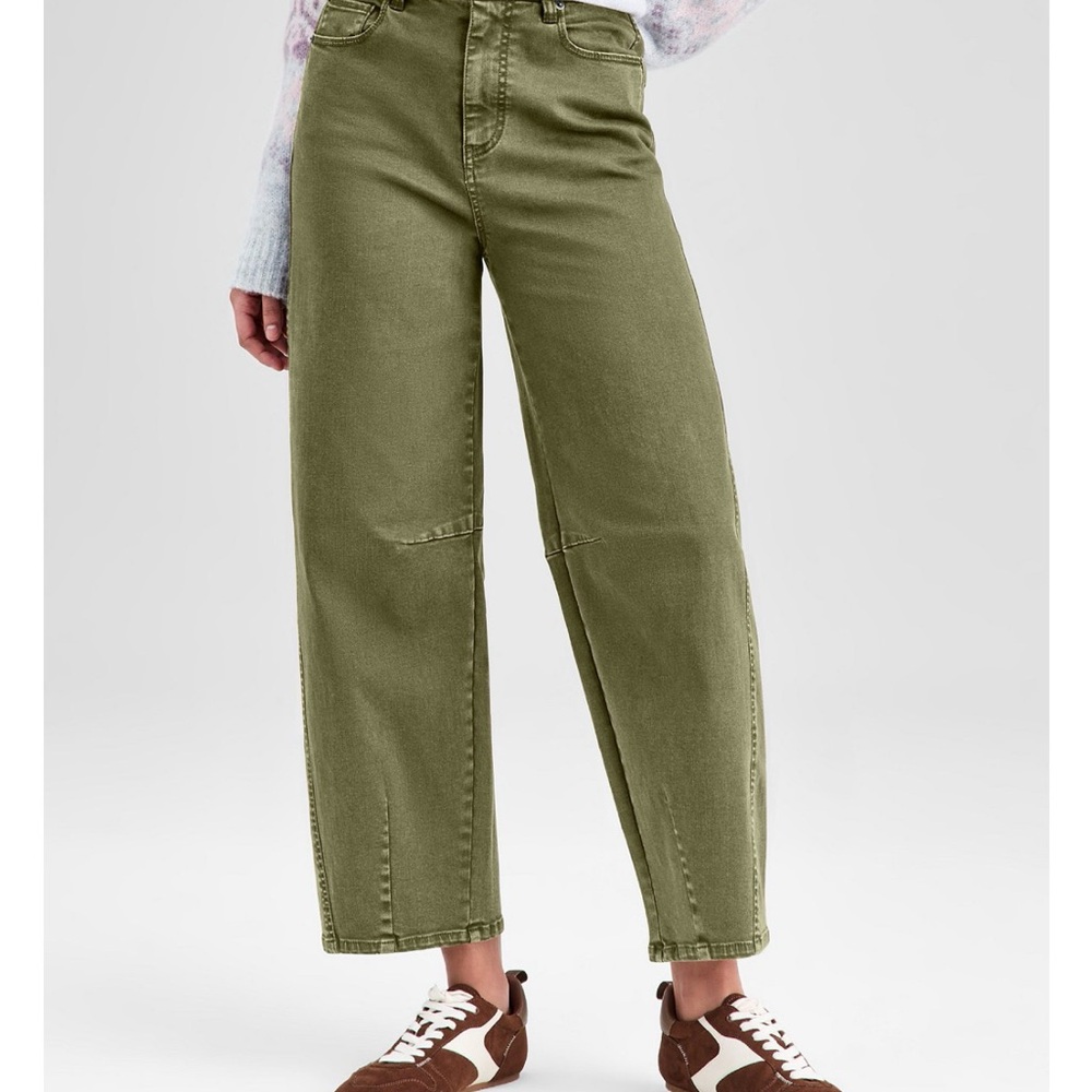 High-Rise Barrel Wide-Leg Jeans - Olive Green